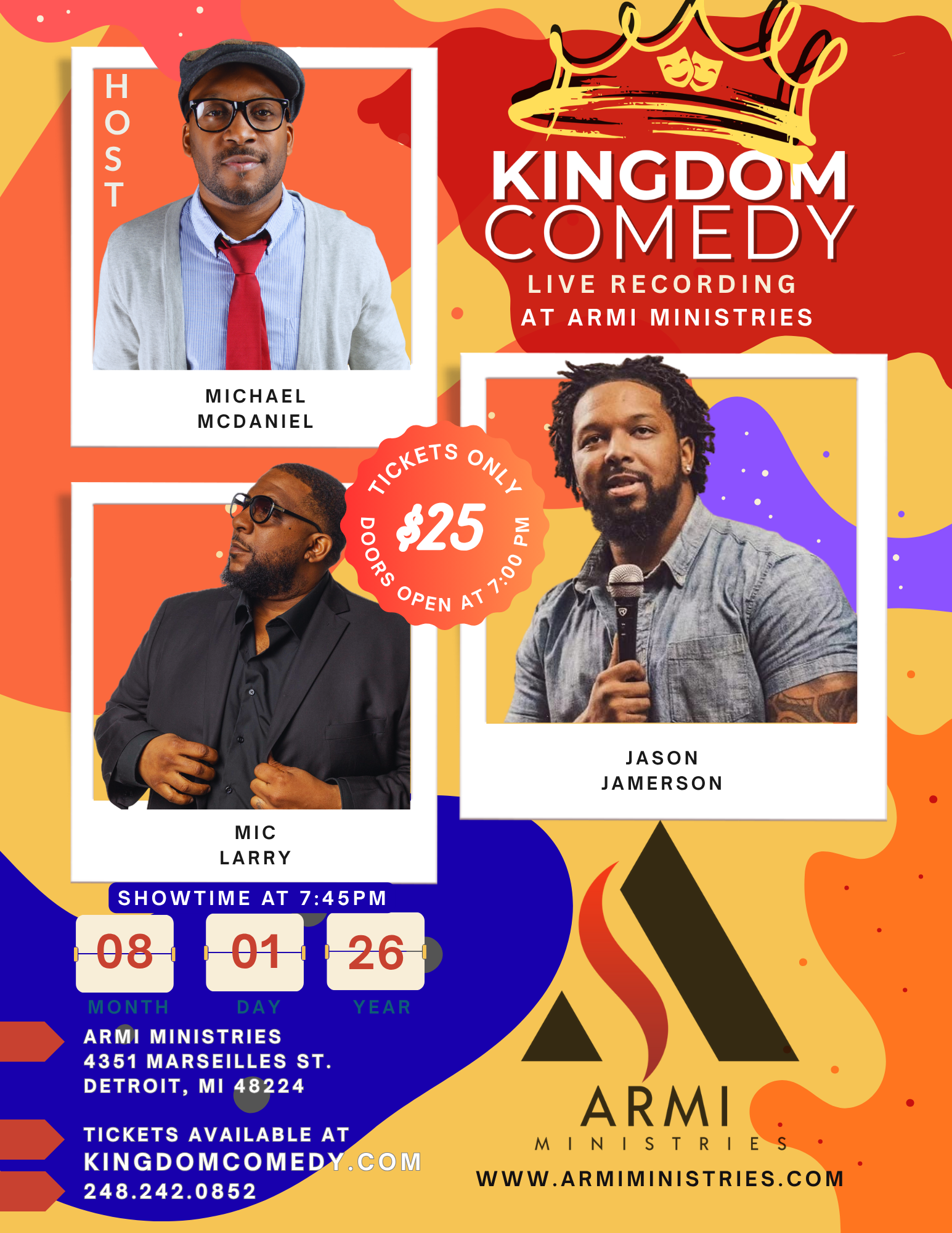Kingdom Comedy Live Recording at ARMI Ministries - August 1, 2026 featuring Michael McDaniel, Mic Larry, and Jason Jamerson